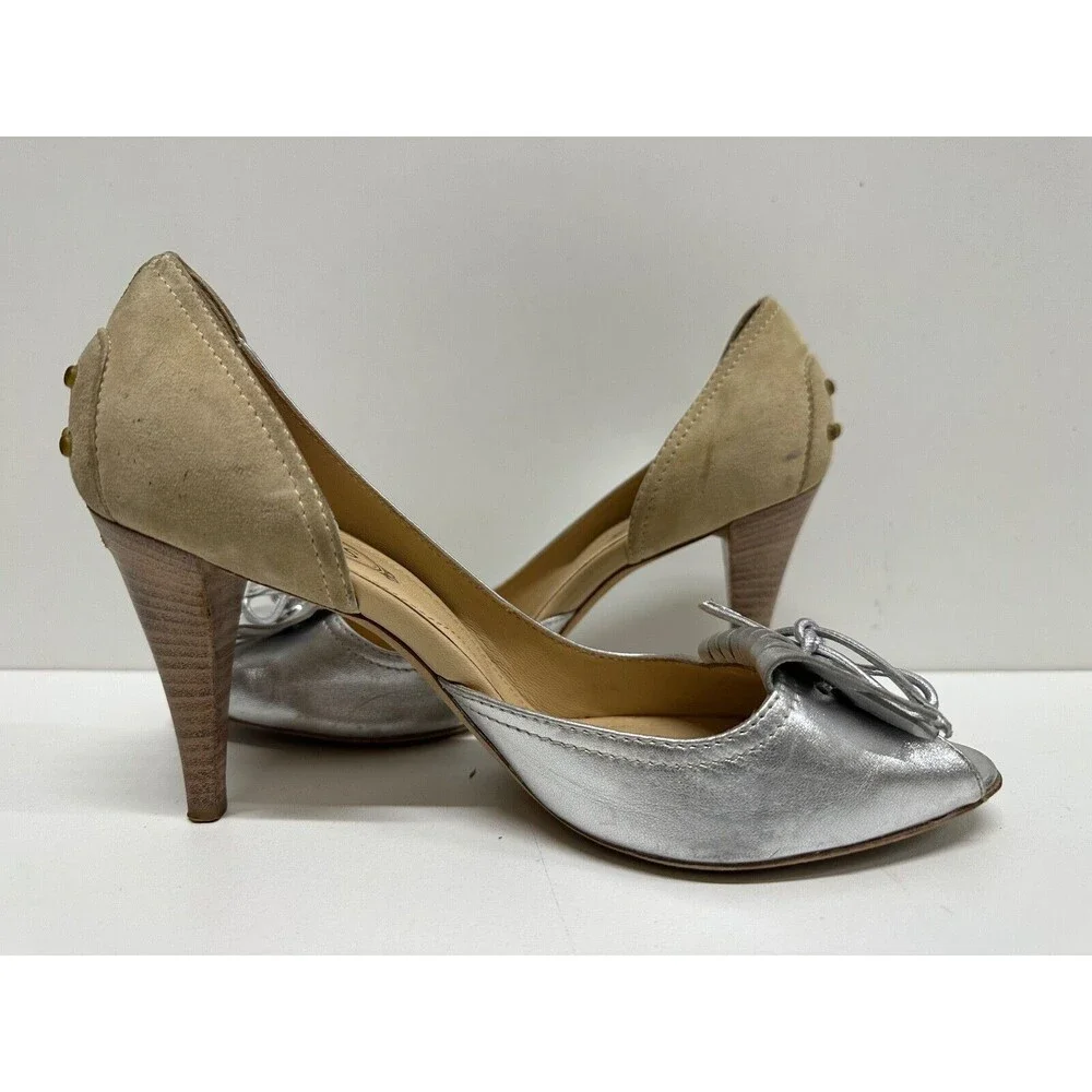 TOD'S women size 6.5 open Toe slip on silver & beige leather & suede pumps